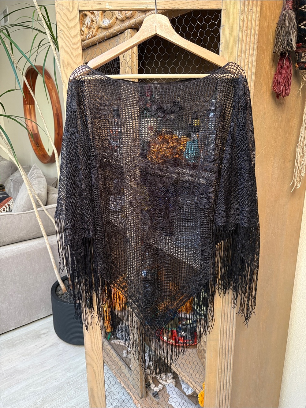Black Mesh Lace Boho Fringe Poncho